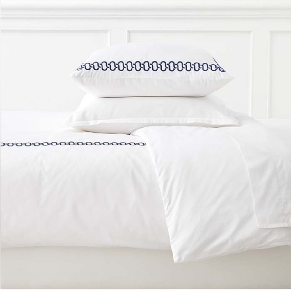 Serena & Lily White and Navy Queen flat sheet